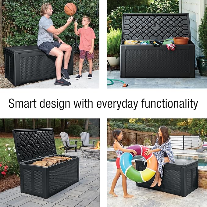 Rubbermaid Extra Large Resin Outdoor Storage Deck Box (134 Gal), Weather Resistant, Black, Deck Organization for Home/Backyard/Pool Chemicals/Toys/Garden Tools/Porch/Patio Cushions