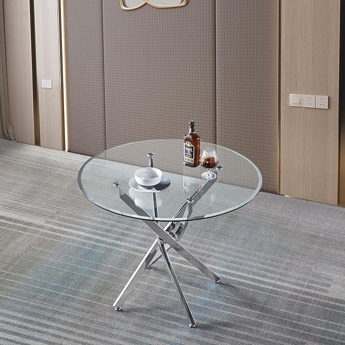 36" Round Dining Table for 4, Glass Kitchen & Dining Room Tables, Modern Circle Dining Room Table w/0.39" Tempered Glass Tabletop,Silver Finish Stainless Steel Legs for Dinner Small Space(No Chairs)
