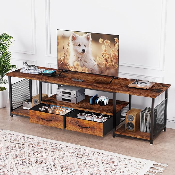 TV Stand with Drawers and Open Storage Shelves for 75 70 65 Inch TV, Entertainment Center with Open Storage Shelves, Industrial Media TV Console Table for Living Room Bedroom Office, Rustic Brown