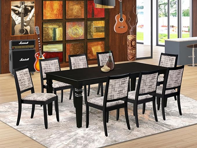 East West Furniture LGX29-BLK-30 -9 Piece Dining Set Includes a Rectangular Kitchen Table with Black Tabletop and 8 Stackable Polyester Fabric Chairs, Black