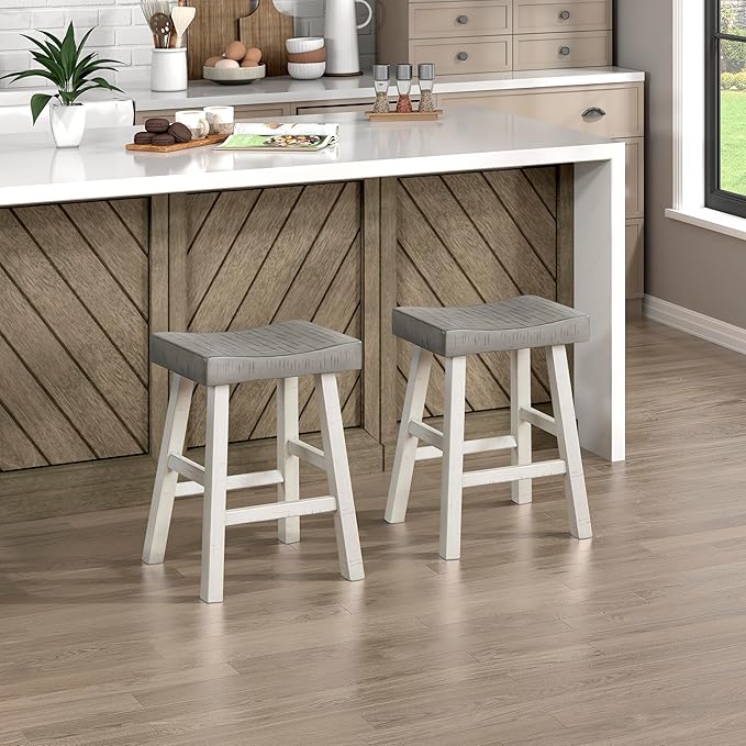 Lexicon Saddle Bar Stools Set of 2 Barstools with Footrest, Armless Dining Chairs for Kitchen Island, Breakfast Nook, Living Room, Counter Height, White/Coffee