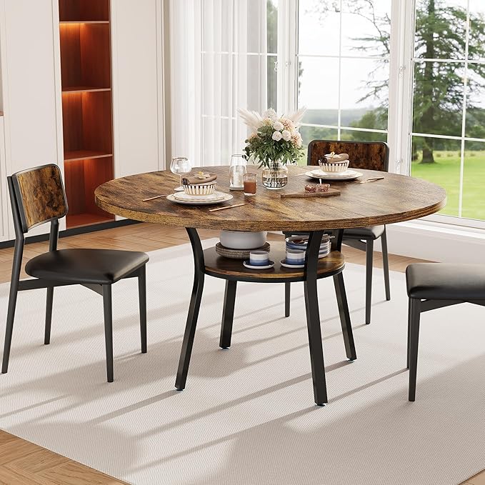 IDEALHOUSE Round Dining Table for 4-6, 47 Inch Kitchen Table with Sturdy Metal Frame, Space Saving Circle Dining Room Table for Small Space (Table Only), Rustic Brown