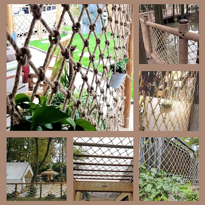 Safety Hemp Rope Net Kids Climbing Tree House Children Netting Balcony Stairs Fence Railing Garden Playground Protection Heavy Duty Indoor & Outdoor Decor Rope Net 6mm/8cm 3.3x6.6ft(1x2m)