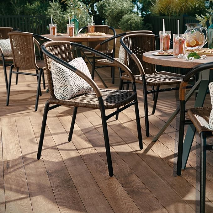 Flash Furniture Lila Modern Rattan Indoor/Outdoor Stackable Dining Chairs, Stacking Rattan Bistro Chairs for Patio or Restaurant, Set of 2, Brown