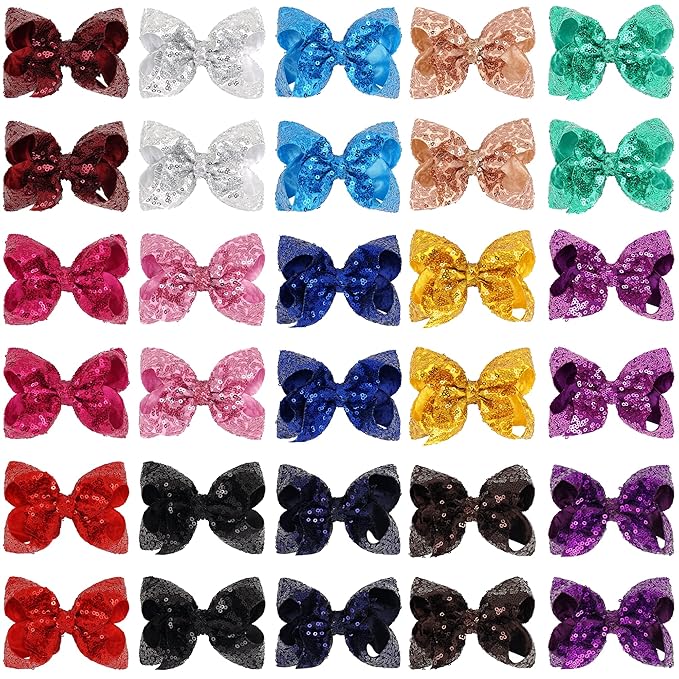CÉLLOT Party Festival Baby Girls Sparkling Bows Clips 30PCS Glitter Sequins 4" Hair Bows Alligator Hair Clips for Girls Baby Children Toddlers