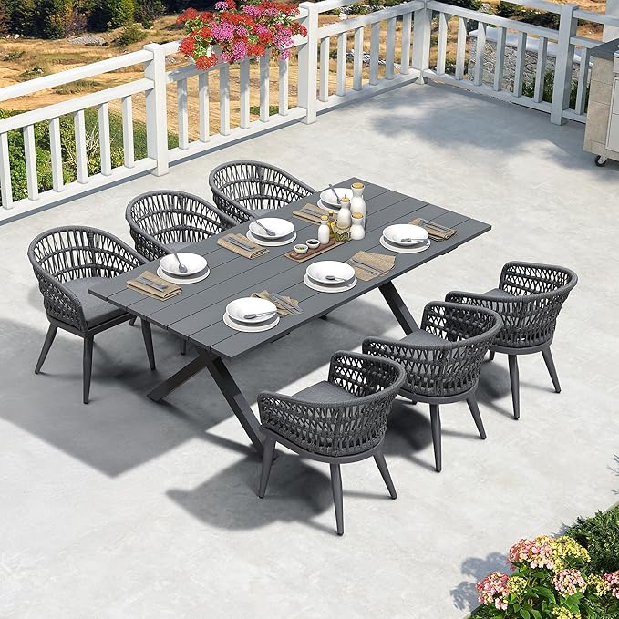 PURPLE LEAF Outdoor Dining Set All-Weather PE Rattan Patio Dining Furniture Set with All Aluminum Frame Rectangular Table and 6 Chairs Set for Lawn Garden Backyard Deck, Grey