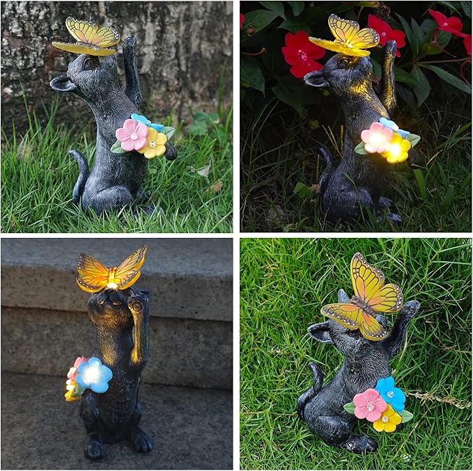 Solar Cat Garden Decoration Outdoor Statues - Cat with Butterfly Flowers Decorative Figurine for Yard Patio Lawn Porch Pathway Landscape Ornament Funny Birthday Gift for Mom Women