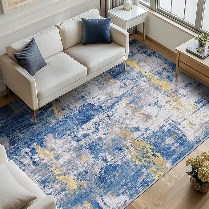 Washable Area Rugs 8'x10' Non-Slip Modern Abstract Soft for Living Room Entryway Bedroom Nursery, Print Pattern, Grey Blue Gold/Golden