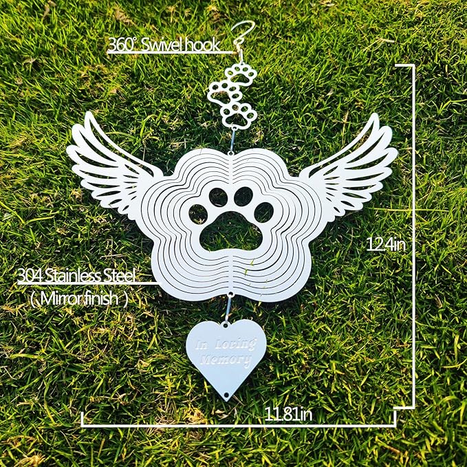 DJUAN Pet Memorial Wind Spinners, Dog Memorial Gifts,Stainless Steel Angel Wings Pet Paw Print,Dogs and Cats Remembrance, Pet Sympathy,Pet Loss Bereavement Gifts