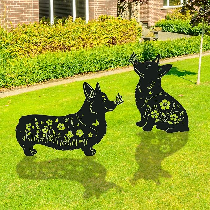 Corgi Metal Garden Stakes Yard Decor, 2PCS Black Corgi Dog Silhouette Statues Garden Decorative Gifts for Yard Art, Patio, Outside, Lawn Ornaments, Dachshund Outdoor, Yard Art