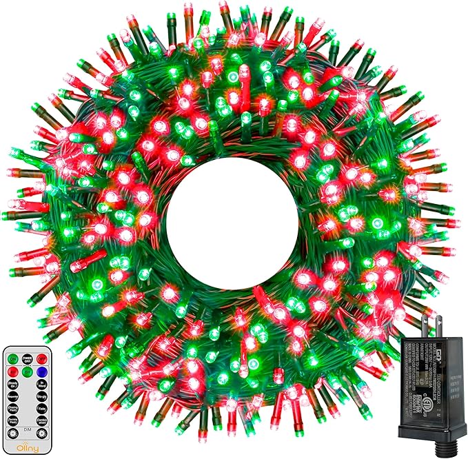 Ollny Christmas Lights, 500LED 164FT Long Christmas Tree Lights with 8 Modes Remote Timer IP44 Waterproof, Outdoor Christmas Lights for Tree House Yard Outside Xmas Decorations (Red+Green)