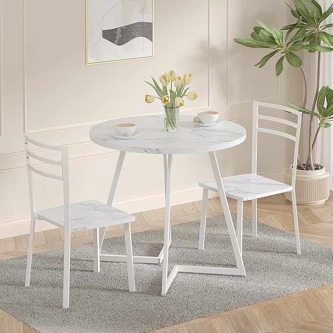 VECELO Round Dining Room Table with Wood Grain Tabletop and Steel Frame, for Kitchen, Living Room, Office, Conference, 2 to 4 Person, Fuax Marbled & White