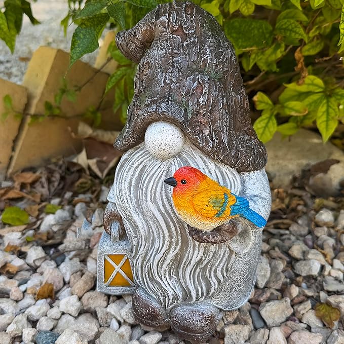 Mood Lab Garden Gnome - Stone Gnome Figurine - 9.1 Inch Tall Lawn Statue with Bird - for Outdoor or House Decor