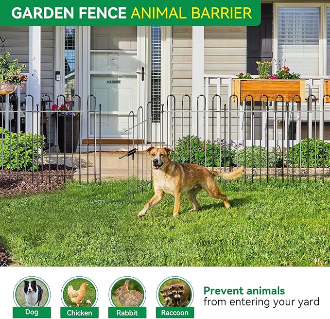 10 Panels Decorative Garden Fence with Gate, 40in(H)×21.6ft(L) Animal Barrier Fence, Metal Round Tube Garden Edging Border, Reusable Ground Defense Temporary Fencing for Outdoor Yard Flower Bed, Black