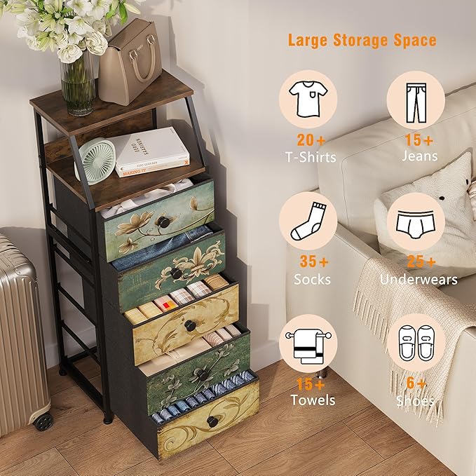 Tohomeor Nightstand with Fabric Drawers Dresser with 2 Tier Shelf Storage Tower for Bedroom Hallway Entryway Closet Organizer Sofa Beside Table Furniture (Multi, 5 Drawers)