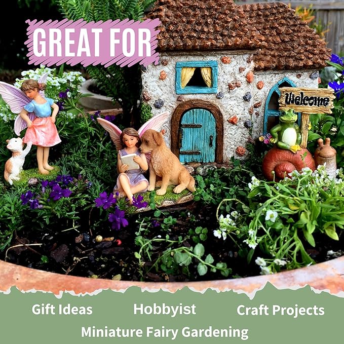 PRETMANNS Fairy House Kit - Fairy Garden Accessories for Outdoor Miniature Village Decor, with Fairies & Sign - Pinecone House, 6.5' High & Door can Open Wide - 4 Piece Supplies