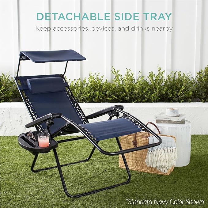Best Choice Products 30” Wide Folding Zero Gravity Outdoor Recliner Patio Lounge Chair w/Adjustable Canopy Shade, Headrest, Side Accessory Tray - Light Blue