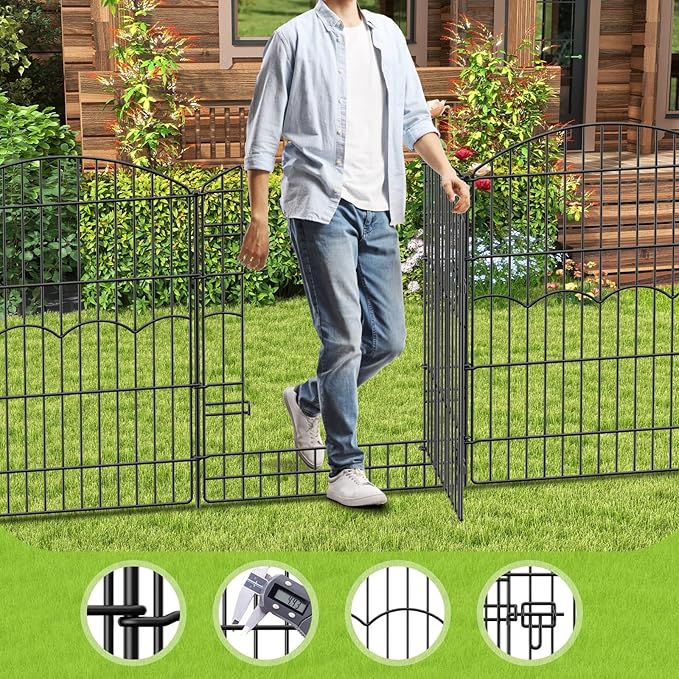 Decorative Garden Fence 12 Panels 29.6ft(L)×38in(H) No Dig Animal Barrier Fencing with 11 Panels + 1 Gate, Metal Garden Fences Rustproof Wire Border Temporary Dog Fence for Patio Yard Outdoor