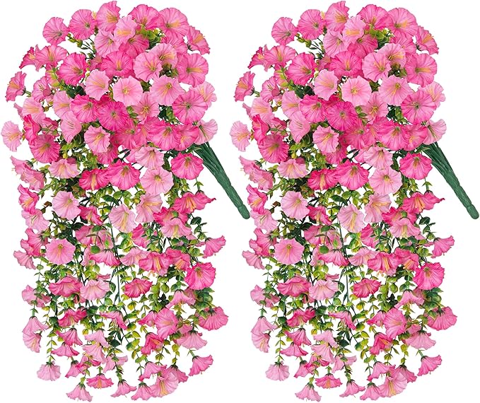 2 PCS Artificial Faux Hanging Flowers Plants for Outdoor Decor,Fake Silk Morning Glory with Eucalyptus UV Resistant Realistic Vine for Wall Home Porch Patio Balcony Yard Decor,Pink and Light Pink