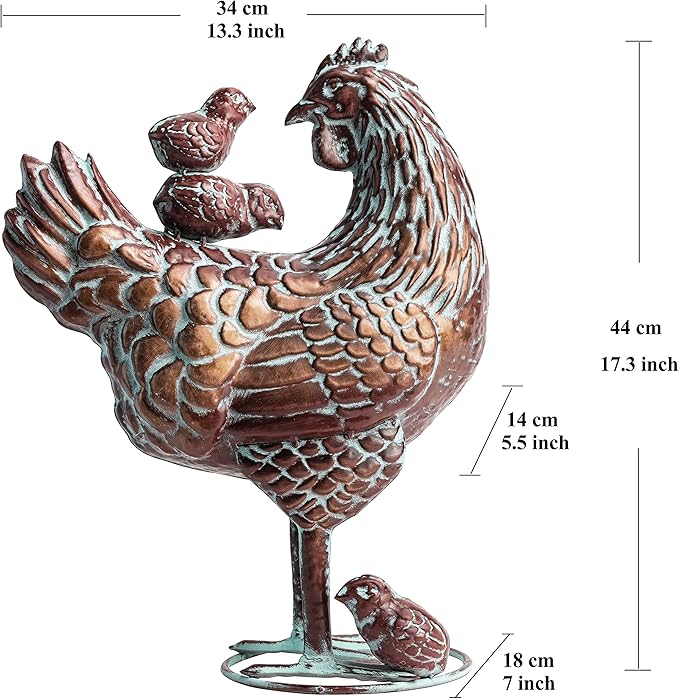 Metal Hen with Chicks Statues Yard Art, 13.5"x18" Metal Hen Chicken Figurine Decor, Vintage Outdoor Garden Statue Sculpture, Lifelike Garden Mother Hen & Baby Chick Sculptures for Chicken Lovers