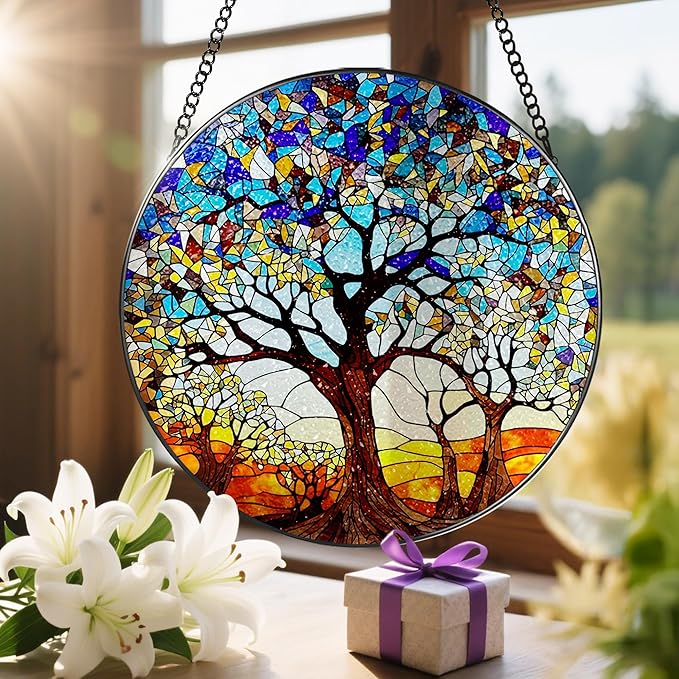 Stained Glass Window Hanging, LAOWEIKI 8'' Tree of Life Suncatcher, Stained Glass Ornament, Suncatchers for Windows Hanging, Window Decor, Outdoor or Indoor, Gifts for Women, Lovers, Couple, Friends