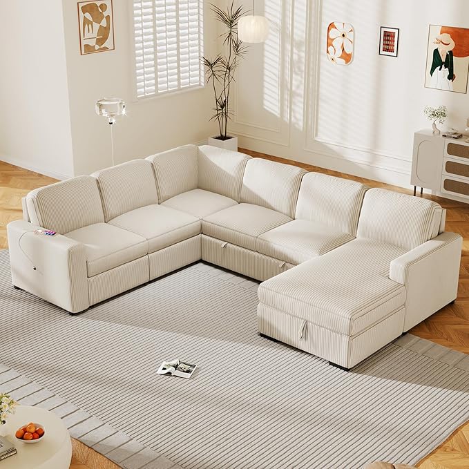 115.6 Inch U-Shaped Modular Sectional Sofa with Pull Out Bed, Storage Chaise and USB interfaces, Oversized Upholstered Combination Corner Couch for Living Room, Office, Spacious Space, Beige