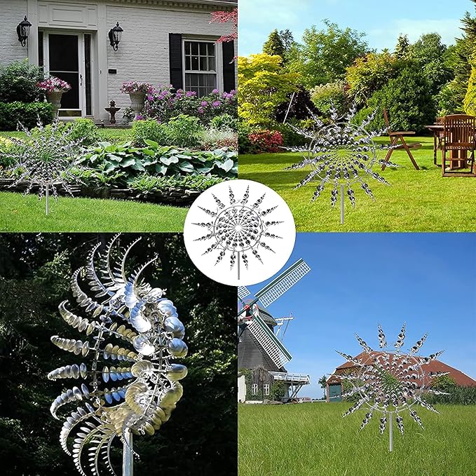 Magical Metal Windmill, Stainless Steel Windmill,Kinetic Metal Wind Spinners Garden Stake, 3D Wind Sculptures Move with The Wind Lawn Solar Wind Catcher Outdoor Patio Garden Decoration (SILVER-2PCS)