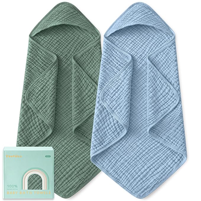 Yoofoss Hooded Baby Towels for Newborn 2 Pack 100% Muslin Organic Cotton Baby Bath Towel with Hood for Babies, Infant, Toddler and Kids, Large 32x32Inch, Soft and Absorbent Newborn Essential