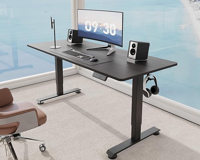 Veken 55 Inch, Height Adjustable Sit Stand Up, Wood Desktop, Work Home Office Computer PC Table, Tall Standup Workstation, Gaming Writing Study Bedroom Rising Desks, Black