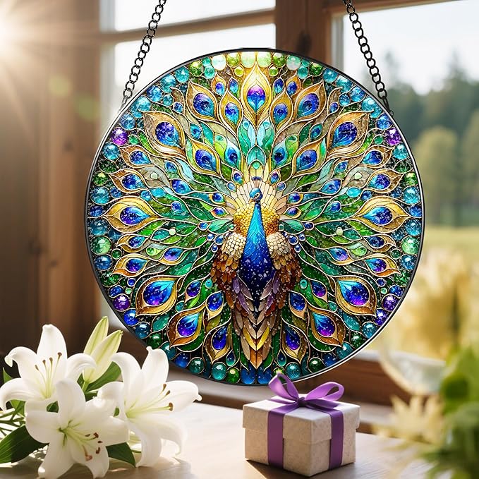 Stained Glass Window Hanging, LAOWEIKI 8'' Peacock Suncatcher, Stained Glass Ornament, Suncatchers for Windows Hanging, Window Decor, Outdoor or Indoor, Gifts for Women, Lovers, Couple, Friend, Bestie
