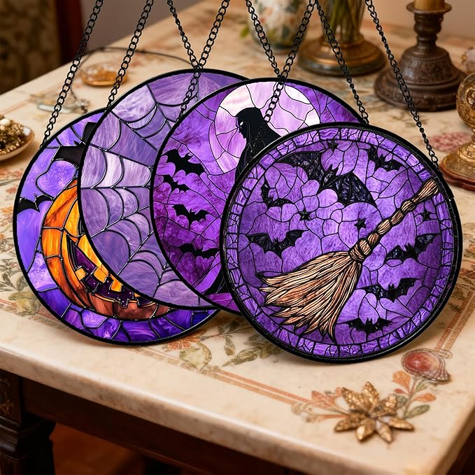 Stained Glass Window Hanging 4 Pcs Set Purple Gothic Theme 6.3" - Horror Halloween Suncatcher Door Garden Sun Catcher Decor Birthday White Elephant Gifts for Mom Woman Men Friend