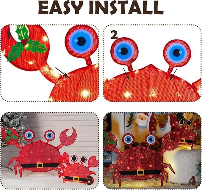 Dazzle Bright Christmas Outdoor Decorations Yard, 2 Piece Battery Operated Lighted Crab 50 LED Lights with 8 Lighting Modes, Light Up 2D Crab for Xmas Holiday Front Garden Patio Lawn Decor