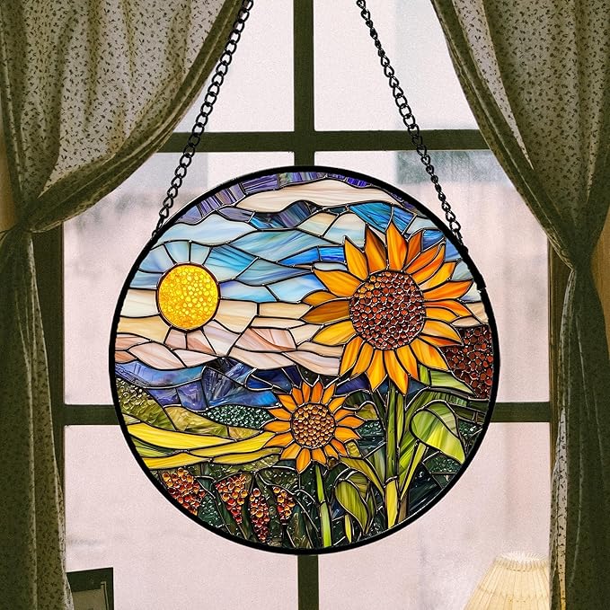 Stained Glass Suncatcher, Sunflower Flowers Landscape Sun Catcher Plant Mountains Stain Glass Window Hanging Decoration Mother's Day Birthday Gifts for Women Men Mom Nana 15 in