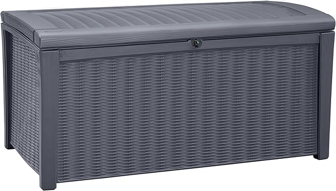 Keter Outdoor Storage Deck Box for Patio, Backyard & Garden, Borneo, 110 Gal, Grey - Lockable, Organizing, and Waterproof Plastic Container Bench