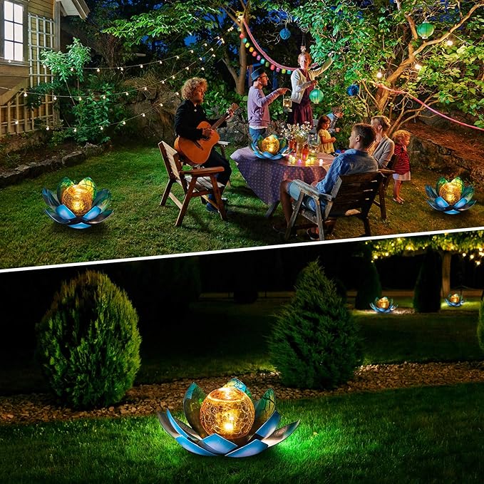 Huaxu Solar Light Outdoor Garden Decor Blue Metal Crackle Globe Glass Waterproof LED Lotus Flower Table Lamp Decorations for Patio Yard Porch Pathway Ground