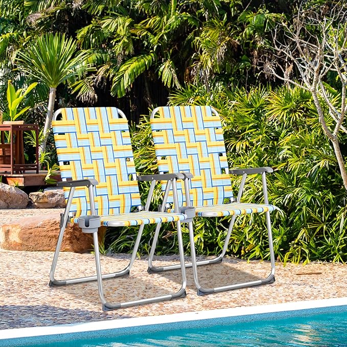 VINGLI Aluminum Patio Lawn Chairs Folding Set of 2 with Detachable Cup Holder, Webbed Beach Chair Folding Chair Outdoor Portable Camping Chair for Yard, Garden