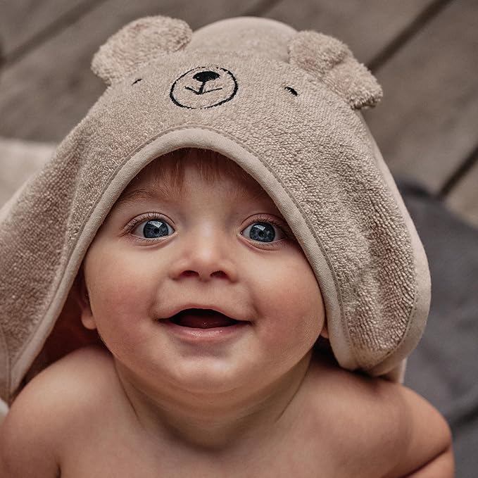 Hooded Baby Towels - 100% Organic Cotton Baby Bath Towels, 32" x 32" Super-Soft and Absorbent Baby Towels for Newborn 2-Pack (Rabbit Blush/Bear Fog)