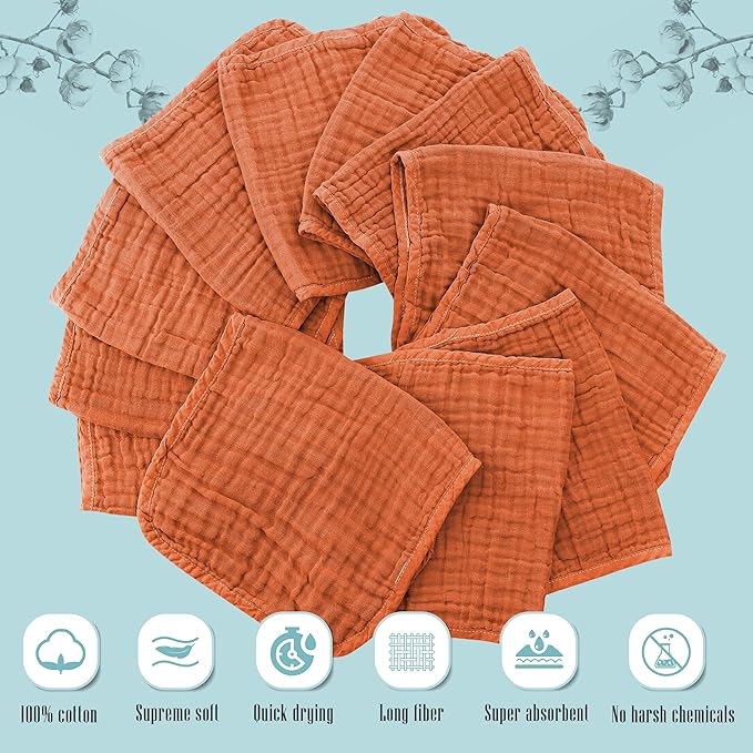 Cute Castle 12 Pack Muslin Burp Cloths for Baby - Ultra-Soft 100% Cotton Baby Washcloths - Large 20'' by 10'' Super Absorbent Milk Spit Up Rags - Burpy Cloths for Unisex, Boy, Girl - Vermilion