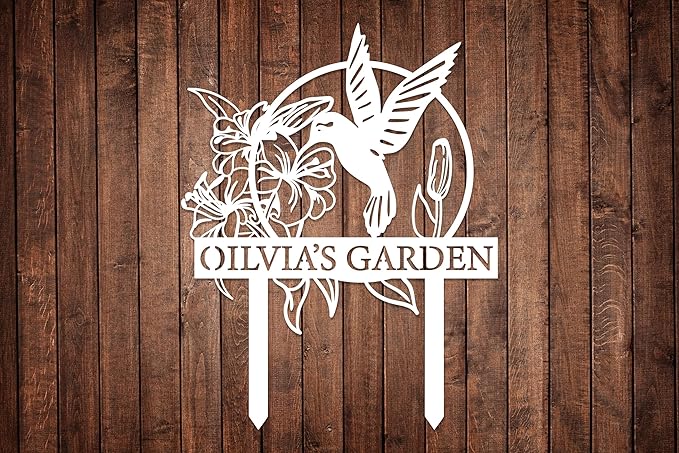 Custom Hummingbird Metal Garden Decor, Personalized Bird with Stakes Garden Sign, Flower Design Personalized Garden Sign, Custom Garden Name Sign, Home Gift, Large Outdoor Decor, Patio Decor