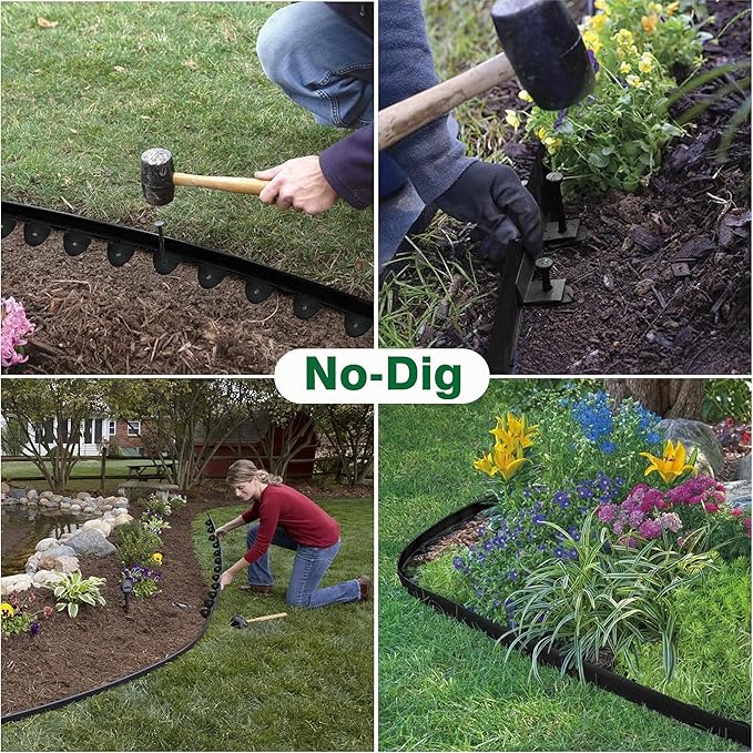 Landscape Edging, 33' 4" Tall Garden Edging with Scissors, Lawn Edging with 30 Garden Spikes and 2 Connectors, Heavy Duty PP&PE Material Edging for Landscaping, Garden, Lawn, Black