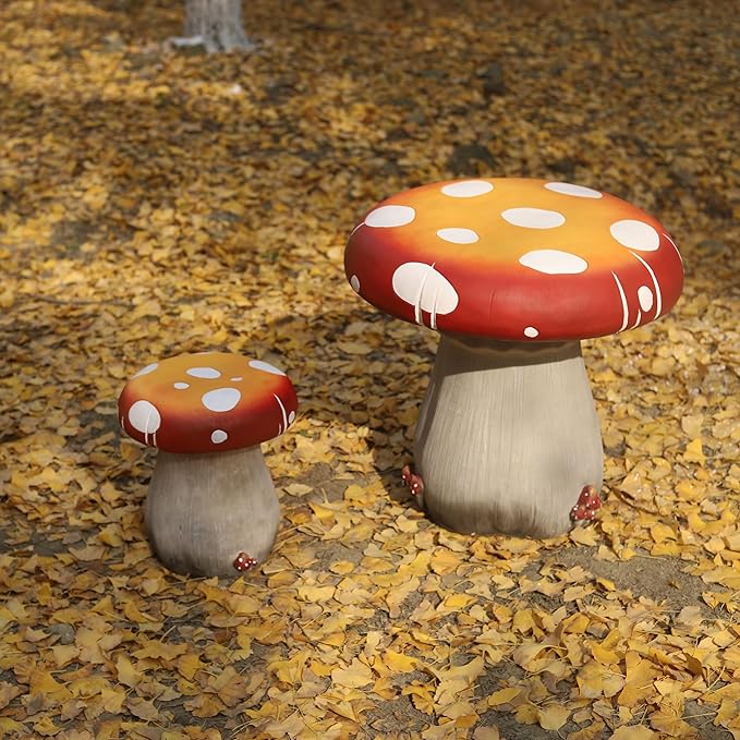 Mushroom Resin Statue Stool Over Sized Sculpture Courtyard Lawn Pond Ornament Garden Outdoor Patio Stool Decoration Red 13.3'' High