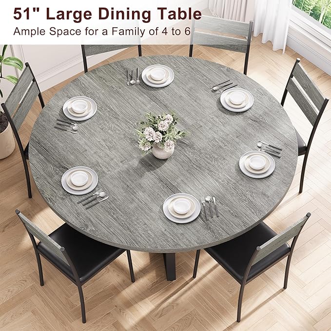 51" Round Dining Table for 6,Kitchen Dining Room Circle Dinner Pedestal Table,Space Saving Wood Kitchen & Dining Room Furniture (Grey, 51In)