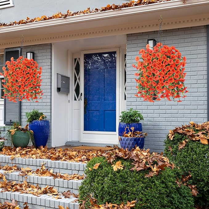 Ivydale 2 PCS Artificial Fall Hanging Flowers Fake Plants Outdoor,Silk Morning Glory Faux Flowers with Eucalyptus,UV Resistant Realistic Petunias Plants for Home Garden Decor (Orange(Leaves Green))