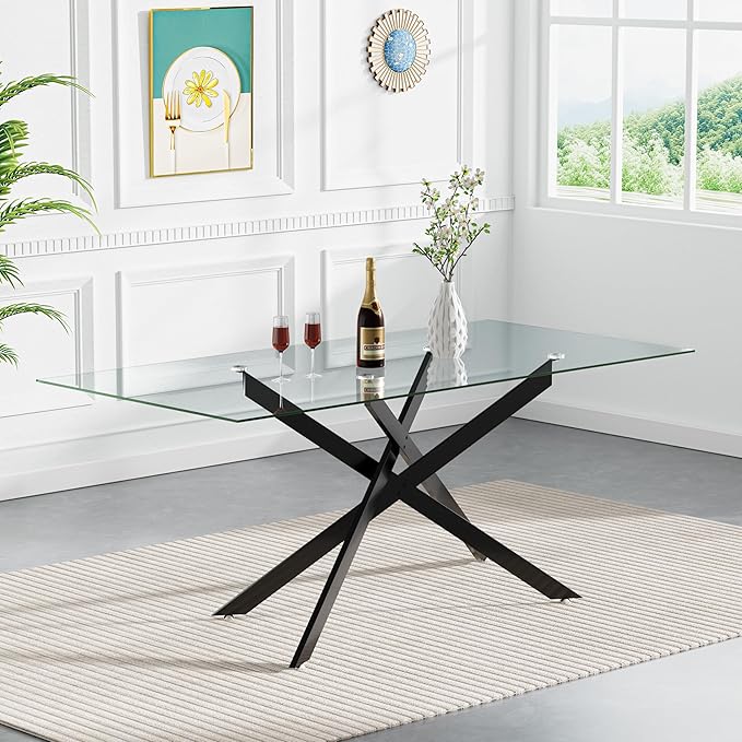 60" Rectangular Glass Dining Table Modern Kitchen Glass Top Table for 6 with Black Metal Legs, Clear Dining Table Kitchen Table for Home Office Dining Room