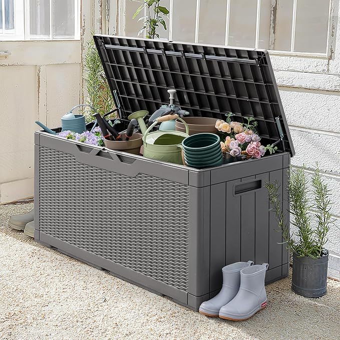 Greesum 100 Gallon Resin Patio Storage Box for Garden Tools, Outdoor Furniture Cushions, Pool Supplies, Gray