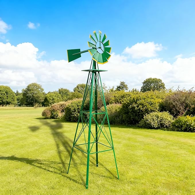 8FT Windmill for Yard Garden Decoration with Weather Vanes，Heavy Duty Outdoor Wind Mills, Large Metal Outdoor Windmill, Weather Resistant,Green