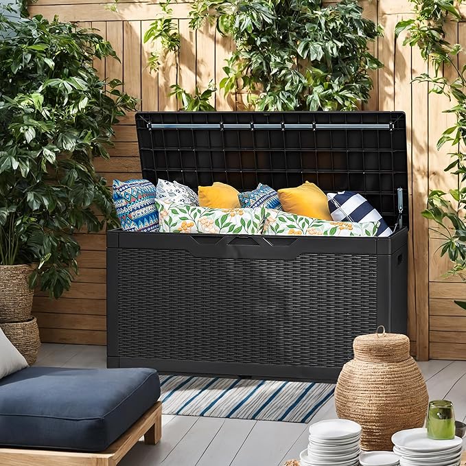Flamaker Outdoor Storage Box 100 Gallon Waterproof Resin Deck Box Delivery Box with Air Rod Indoor Outdoor Lockable Storage Bench for Patio Cushions, Tools, Pool Accessories (Black)