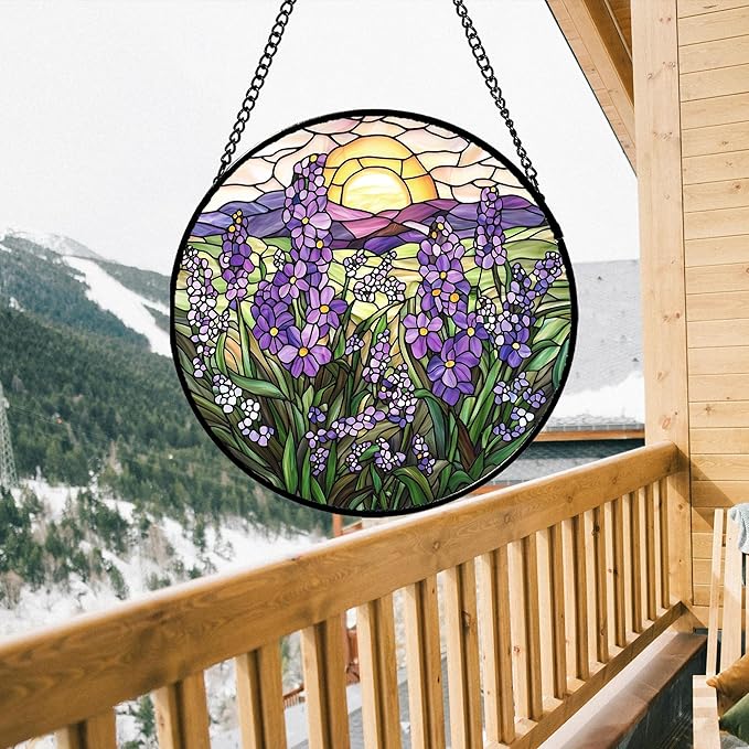 Stained Glass Window Hanging - Purple Lavender Suncatcher for Door Terrace Garden Home Decor Plant Flowers Landscape Sun Catcher Birthday Gifts for Lovers Women Men Dad Mom Nana 9.8 in
