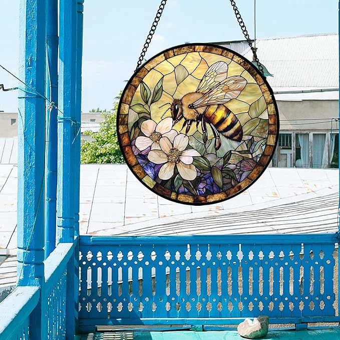 Stained Glass Window Hanging, Vintage Bee Yellow Flower Sun Catcher for Window Door Home Decor Suncatcher Christmas Mother's Day Birthday Gifts for Women Men Mom and Nana 6.3 in