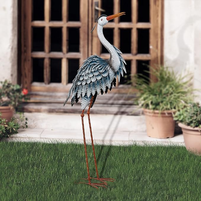 TERESA'S COLLECTIONS Garden Decor Blue Heron Sculptures & Statues Decor, 33.8 Inch Coastal Metal Cranes Decoy for Outdoor Outside Yard Art Patio Pond Pool Lawn Decorations,Housewarming Gift